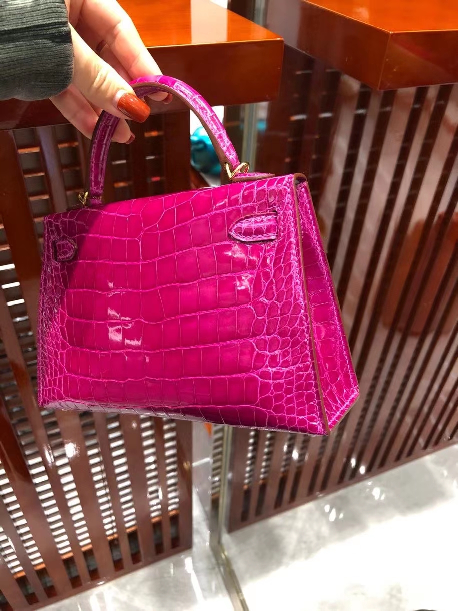 Hermès（爱马仕）Mini Kelly ll Alligator shiny 亮面鳄鱼 J5 天方夜谭粉紫 金扣 顶级手缝 现货