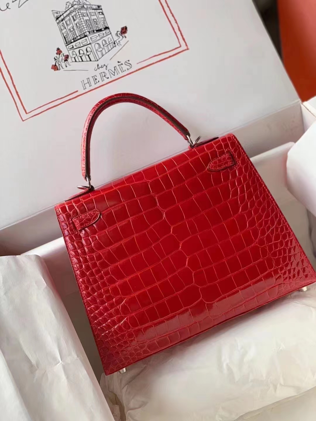 Hermès（爱马仕）Kelly 25cm 95法拉利红 亮面美洲鳄 頂級工艺