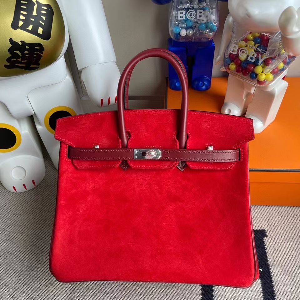 Hermès（爱马仕）Birkin 25cm 麂皮 心红色 拼Box calf 爱马仕红 银扣