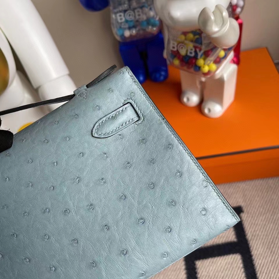 Hermès（爱马仕）Mini kelly pochette 22cm Ostrich kk鸵鸟 8U 冰川蓝 银扣 顶级手缝 手拿包 晚宴包