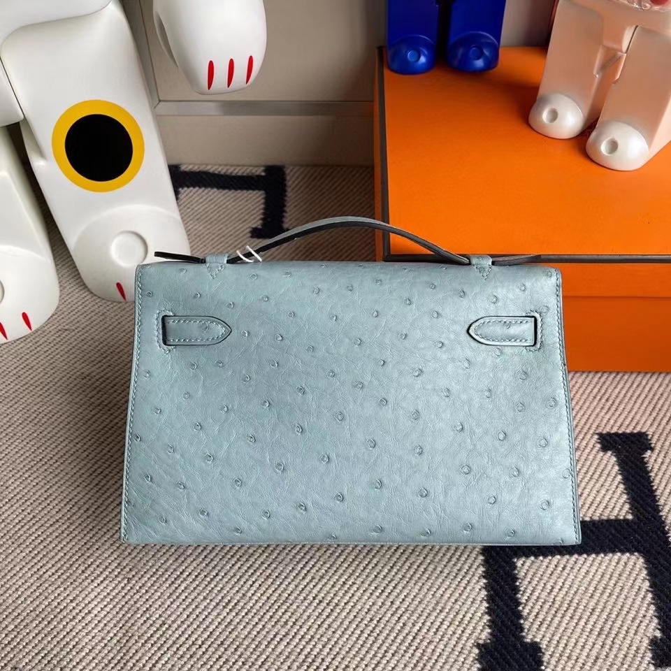 Hermès（爱马仕）Mini kelly pochette 22cm Ostrich kk鸵鸟 8U 冰川蓝 银扣 顶级手缝 手拿包 晚宴包