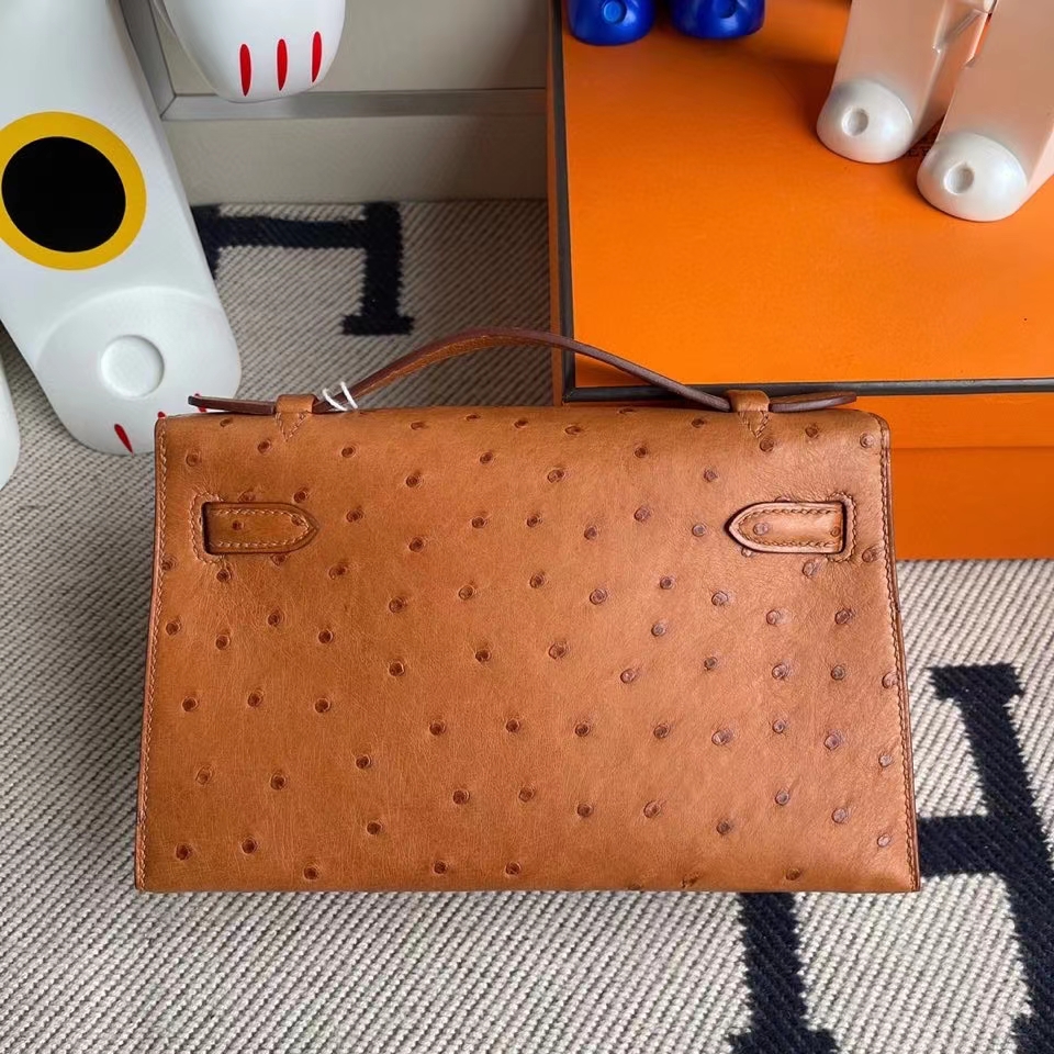 Hermès（爱马仕）Mini kelly pochette 22cm Ostrich kk鸵鸟 ck37 金棕色 Gold 金扣 顶级手缝 手拿包 晚宴包