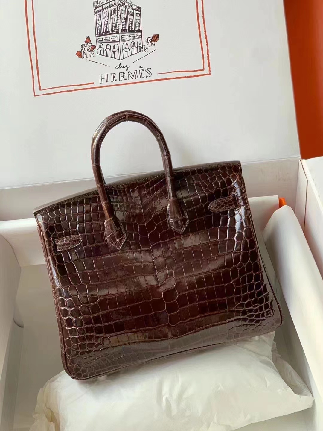 Hermès（爱马仕）birkin 25 #45#深棕色 亮面尼罗鳄鱼 頂級工艺 纯手工制作