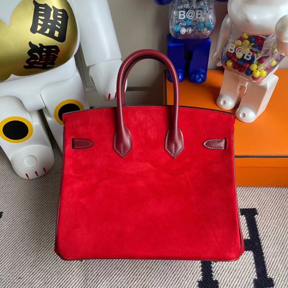 Hermès（爱马仕）Birkin 25cm 麂皮 心红色 拼Box calf 爱马仕红 银扣