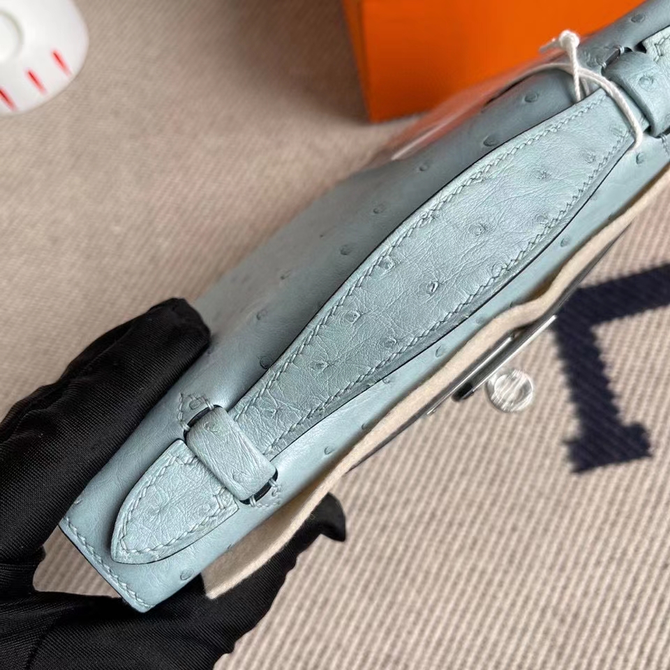 Hermès（爱马仕）Mini kelly pochette 22cm Ostrich kk鸵鸟 8U 冰川蓝 银扣 顶级手缝 手拿包 晚宴包