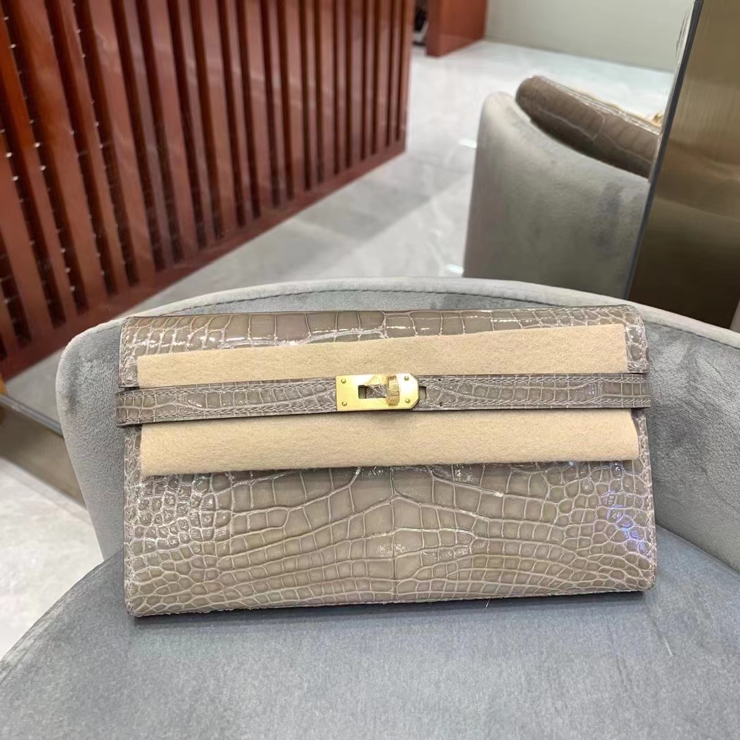 Hermès（爱马仕） Kelly Wallet 亮面美洲鳄鱼 Shiny Alligator Crocodile Ck81 斑鸠灰 顶级工艺 现货