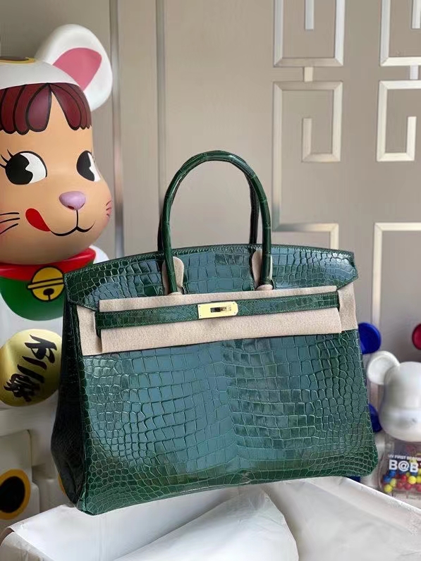 Hermès（爱马仕）Birkin 铂金包 Porosus shiny 亮面澳洲湾鳄 ck67 祖母绿 金扣 35cm 顶级手缝 定制