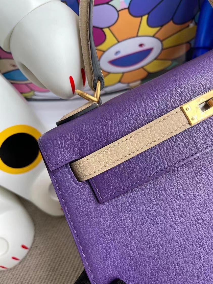 Hermès(爱马仕)Kelly Chevre 山羊皮 9w 梦幻紫 拼81 斑鸠灰 磨砂金扣 马蹄印 25cm-拉尔森鳄鱼皮具定制 - 爱马仕包包官网 Hermès(爱马仕)Kelly Chevre 山羊皮 9w 梦幻紫 拼81 斑鸠灰 磨砂金扣 马蹄印 25cm