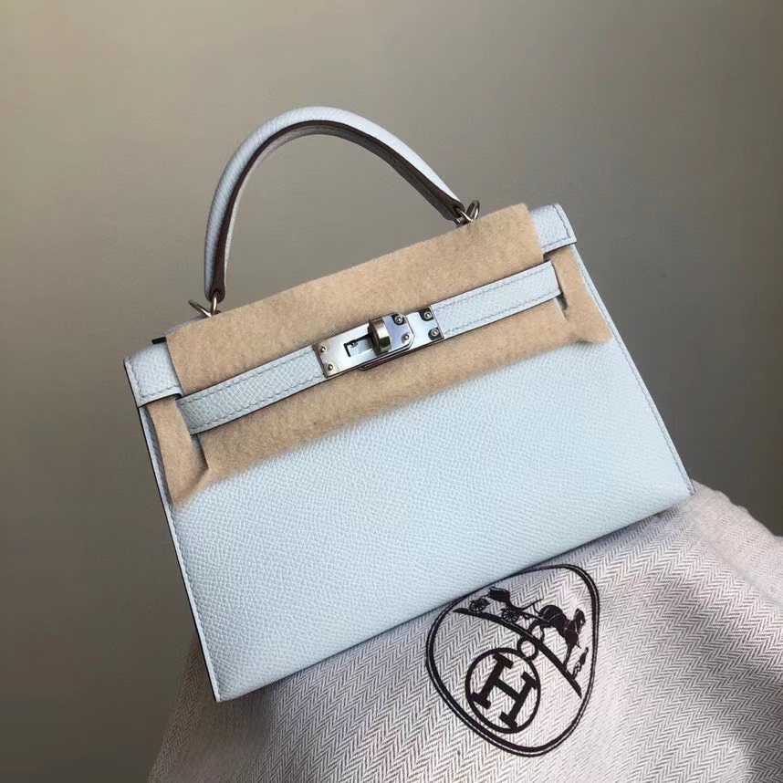 Hermès（爱马仕）Mini kelly ll Epsom 原厂掌纹皮  T0 雾蓝色 银扣 顶级手缝