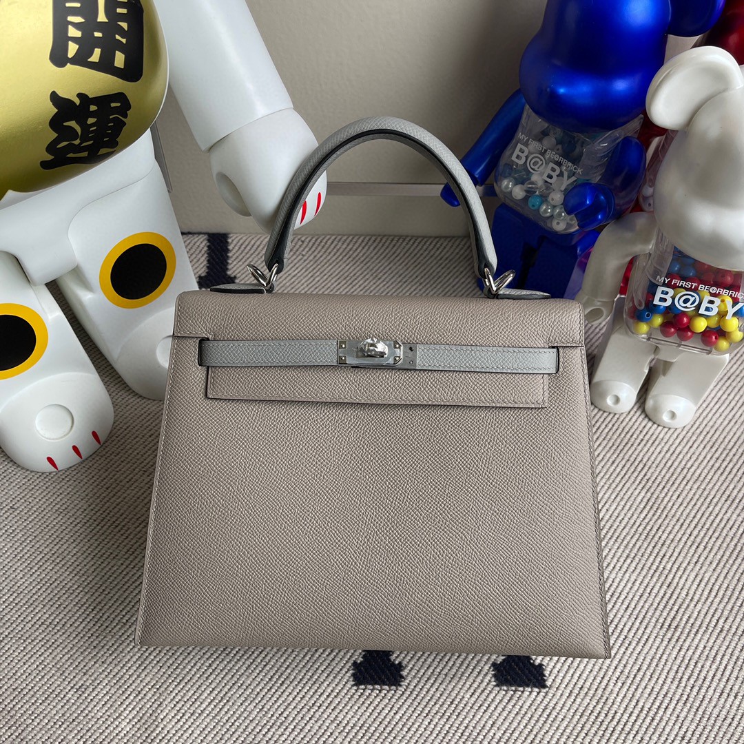 Hermès（爱马仕）Kelly 凯莉包 Epsom 原厂掌纹皮 m8 沥青灰拼海鸥灰 银扣 25cm 马蹄印 顶级手缝