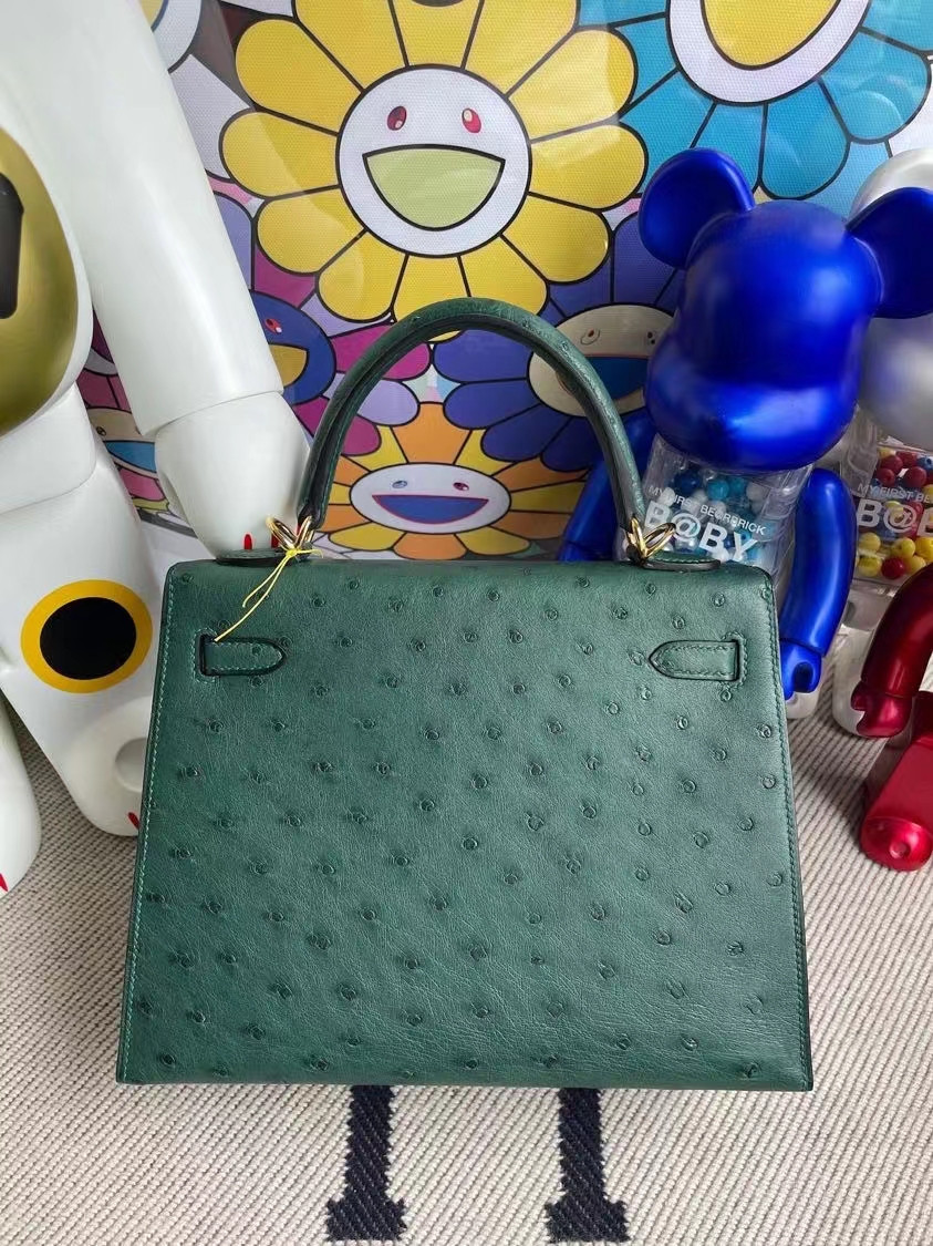 Hermès(爱马仕)Kelly 凯莉包 Ostrich kk鸵鸟 Z6 孔雀绿 malachite 金扣 25cm 顶级手缝-拉尔森鳄鱼皮具定制 - 爱马仕包包官网 Hermès(爱马仕)Kelly 凯莉包 Ostrich kk鸵鸟 Z6 孔雀绿 malachite 金扣 25cm 顶级手缝