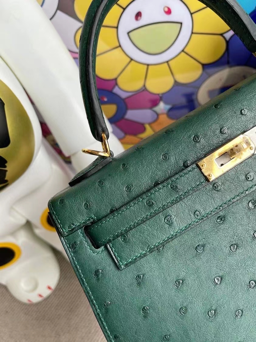 Hermès（爱马仕）Kelly 凯莉包 Ostrich kk鸵鸟 Z6 孔雀绿 malachite 金扣 25cm 顶级手缝