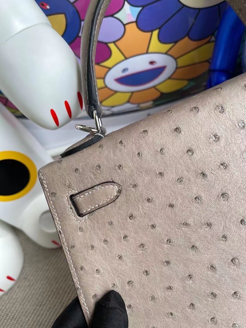 Hermès（爱马仕）Kelly 凯莉包 Ostrich kk鸵鸟 M8 沥青灰 gris ashpite 银扣 25cm 顶级手缝