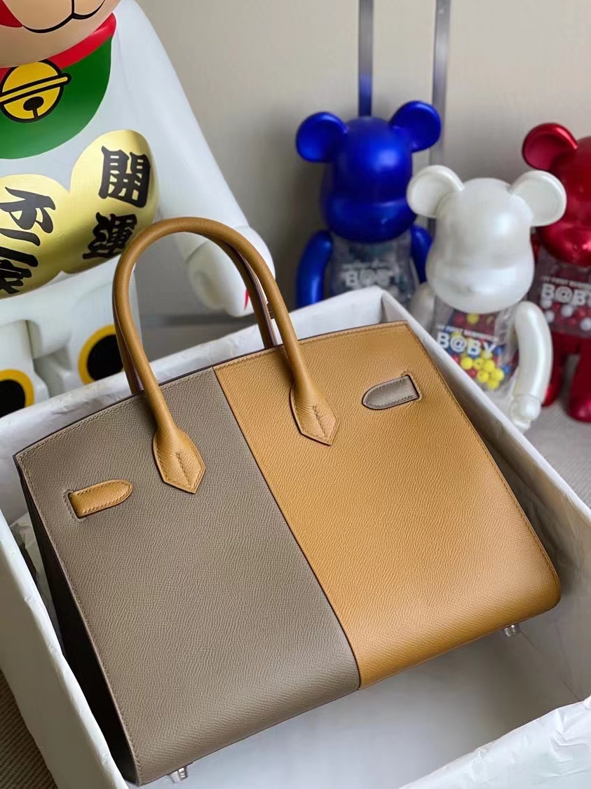 Hermès(爱马仕)Birkin 铂金包 Epsom 原厂掌纹皮 2S芝麻黄锡器灰 内拼坦桑尼亚蓝 银扣 30cm-拉尔森鳄鱼皮具定制 - 爱马仕包包官网 Hermès(爱马仕)Birkin 铂金包 Epsom 原厂掌纹皮 2S芝麻黄锡器灰 内拼坦桑尼亚蓝 银扣 30cm
