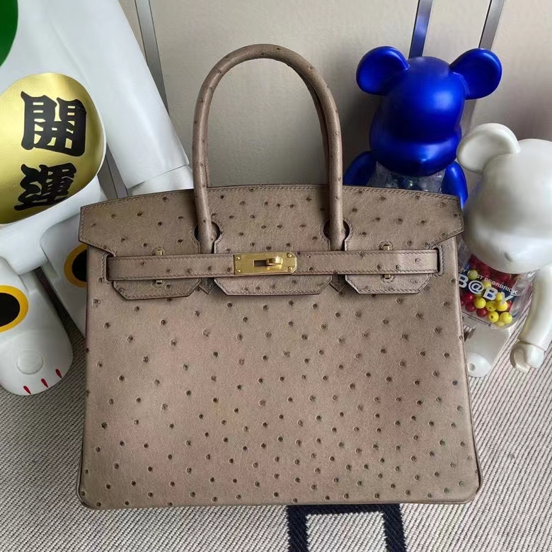 Hermès（爱马仕）Birkin 铂金包 Ostrich kk鸵鸟 ck18 大象灰Etoupe 金扣 顶级手缝 30cm