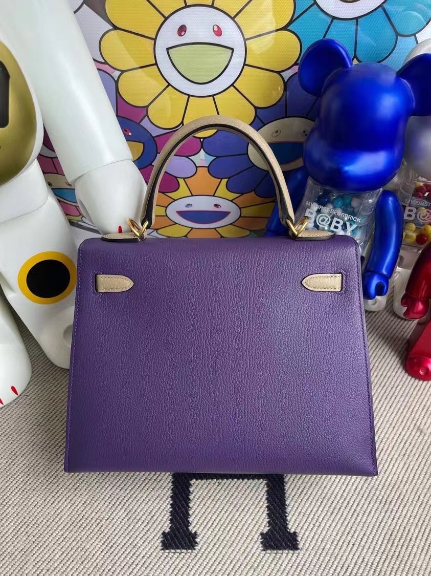 Hermès（爱马仕）Kelly Chevre 山羊皮 9w 梦幻紫 拼81 斑鸠灰 磨砂金扣 马蹄印 25cm