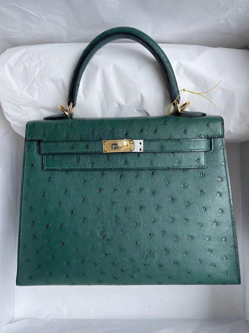 Hermès（爱马仕）Kelly 凯莉包 Ostrich kk鸵鸟 Z6 孔雀绿 malachite 金扣 25cm 顶级手缝
