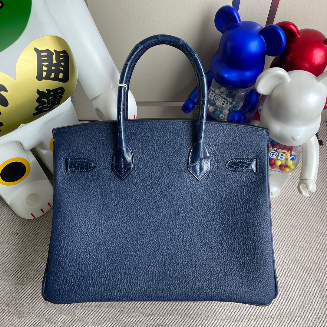 Hermès（爱马仕）Birkin 铂金包 Touch 系列 宝石蓝 拼鳄鱼皮 银扣 30cm 顶级手缝 定制