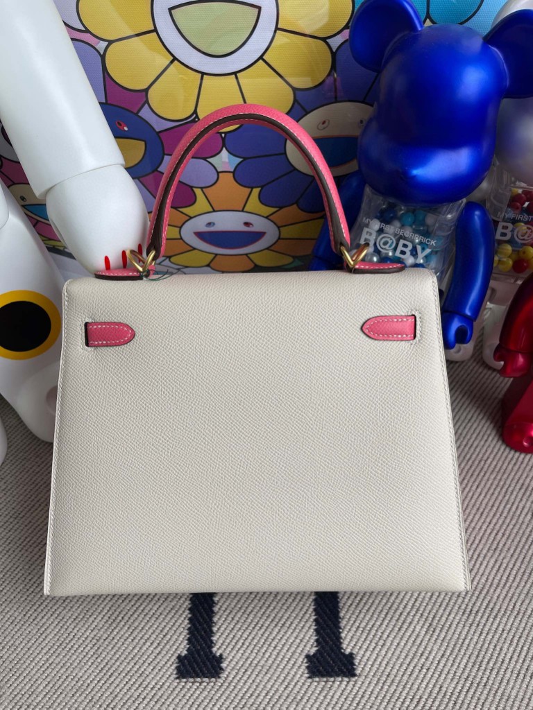 Hermès（爱马仕）Kelly 凯莉包 Epsom 原厂掌纹皮 ck10 奶昔白唇膏粉 磨砂金扣 25cm 马蹄印 顶级手缝