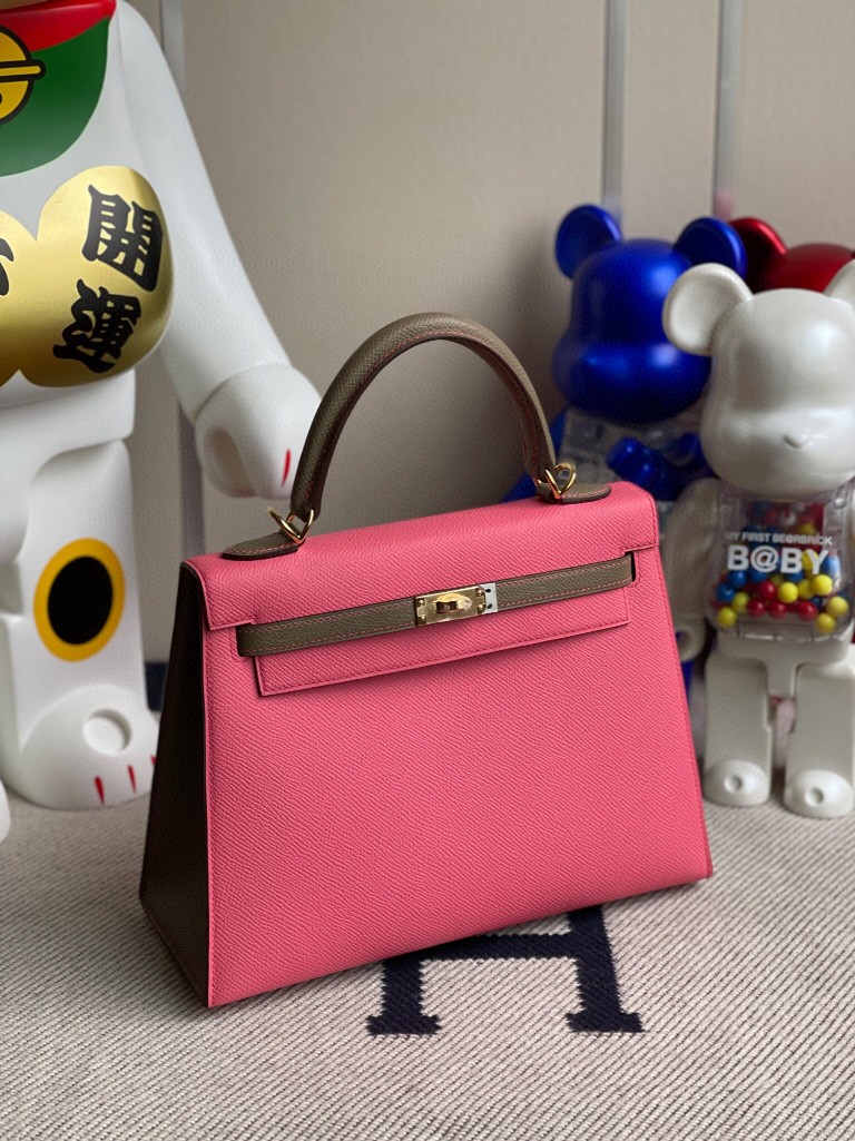 Hermès（爱马仕）Kelly 凯莉包 Epsom 原厂掌纹皮 8w 唇膏粉 拼 ck18大象灰 金扣 25cm 马蹄印 顶级手缝