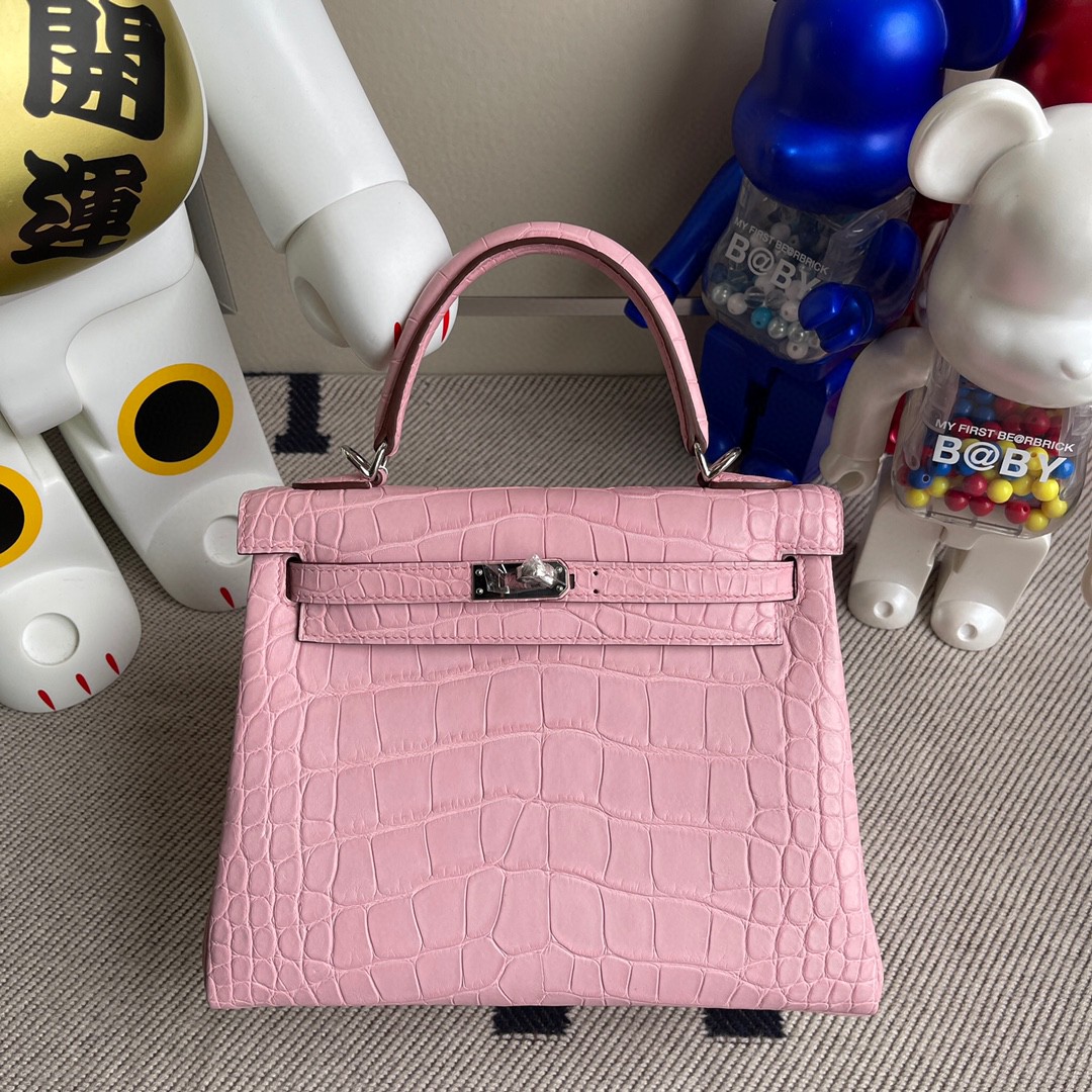 Hermès（爱马仕）Kelly 凯莉包 Alligator matt 雾面鳄鱼 5p 樱花粉 银扣 25cm 顶级手缝 超美