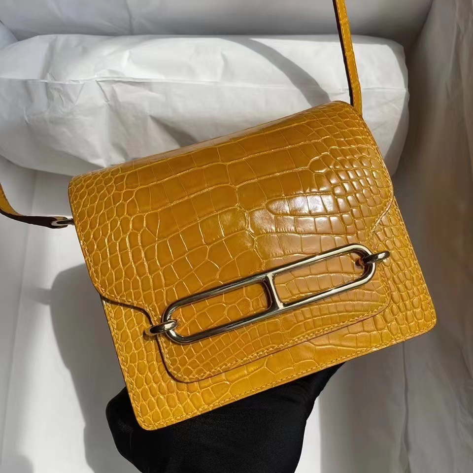 Hermès(爱马仕)Roulis 猪鼻子 Alligator shiny 亮面鳄鱼9D琥珀黄 Ambre 金扣 18cm 顶级手缝 定制-拉尔森鳄鱼皮具定制 - 爱马仕包包官网 Hermès(爱马仕)Roulis 猪鼻子 Alligator shiny 亮面鳄鱼9D琥珀黄 Ambre 金扣 18cm 顶级手缝 定制