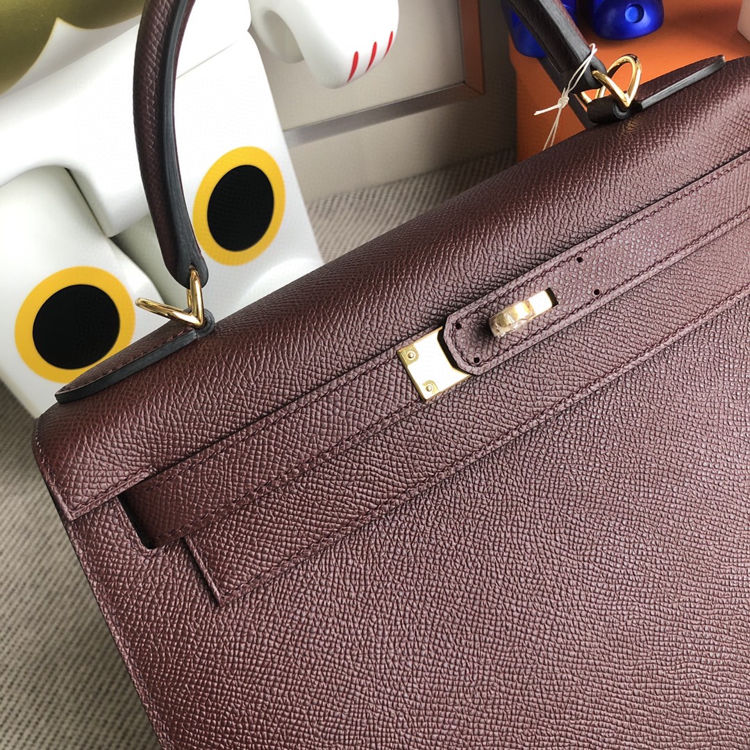 Hermès（爱马仕）Kelly 凯莉包 原厂掌纹皮 Epsom ck57 波尔多酒红 金扣 28cm 顶级手缝 现货