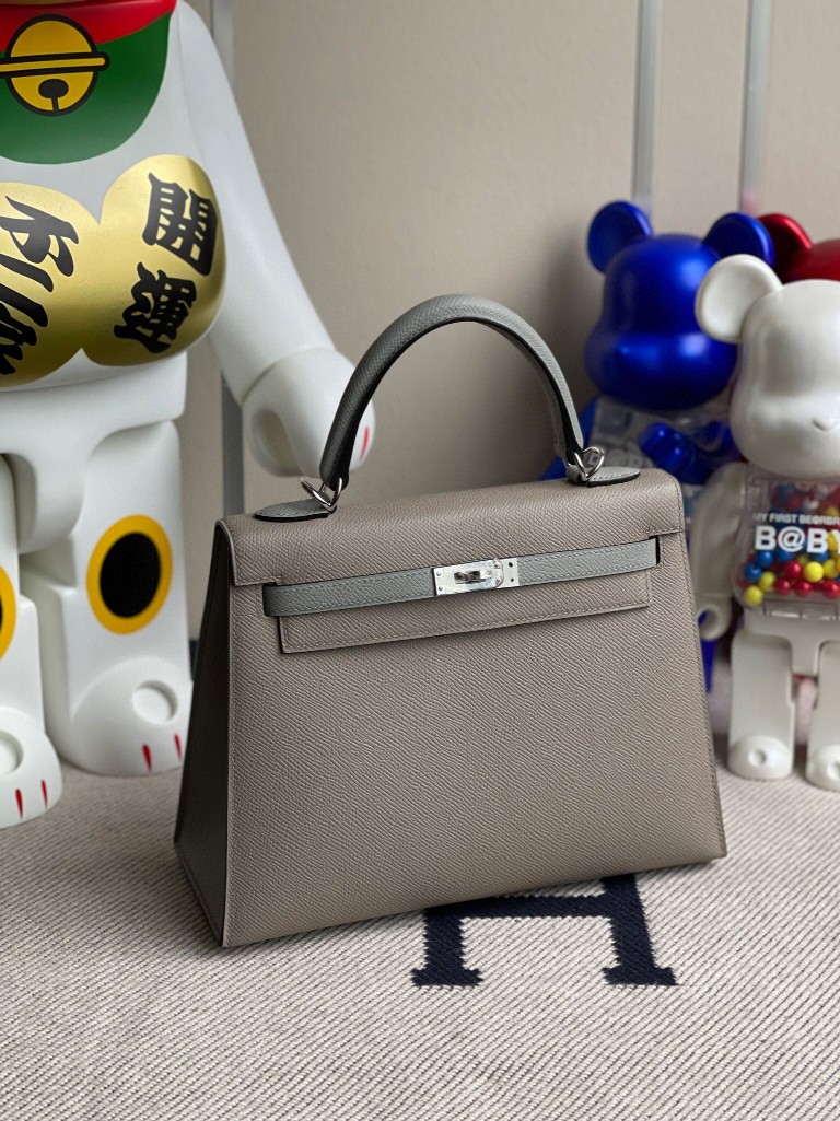Hermès（爱马仕）Kelly 凯莉包 Epsom 原厂掌纹皮 m8 沥青灰拼海鸥灰 银扣 25cm 马蹄印 顶级手缝