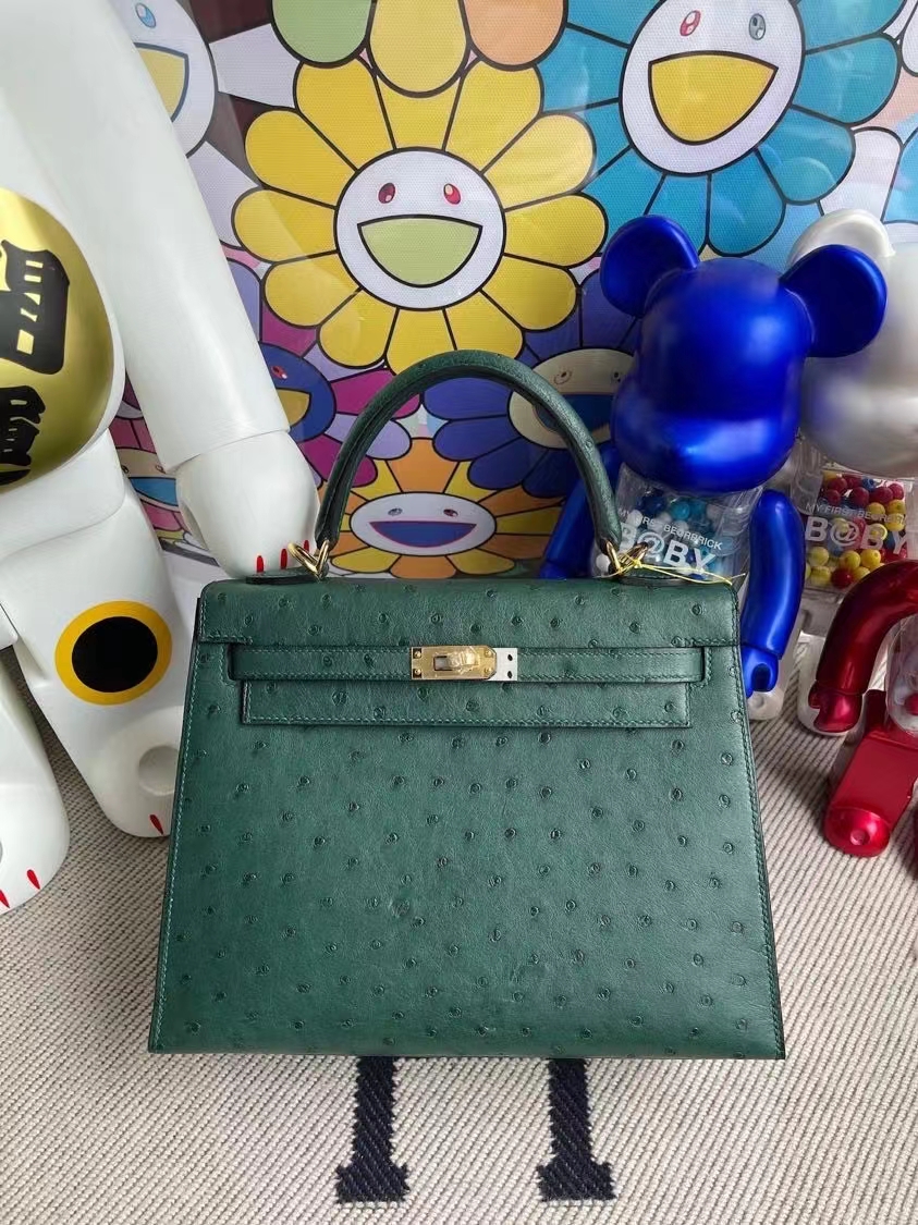 Hermès（爱马仕）Kelly 凯莉包 Ostrich kk鸵鸟 Z6 孔雀绿 malachite 金扣 25cm 顶级手缝