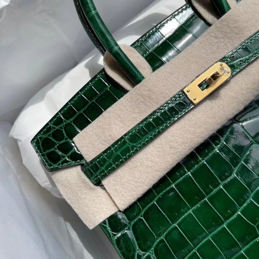 Hermès（爱马仕）Birkin 铂金包 Crocodile shiny 亮面鳄鱼 ck67 祖母绿 金扣 25cm 顶级手缝