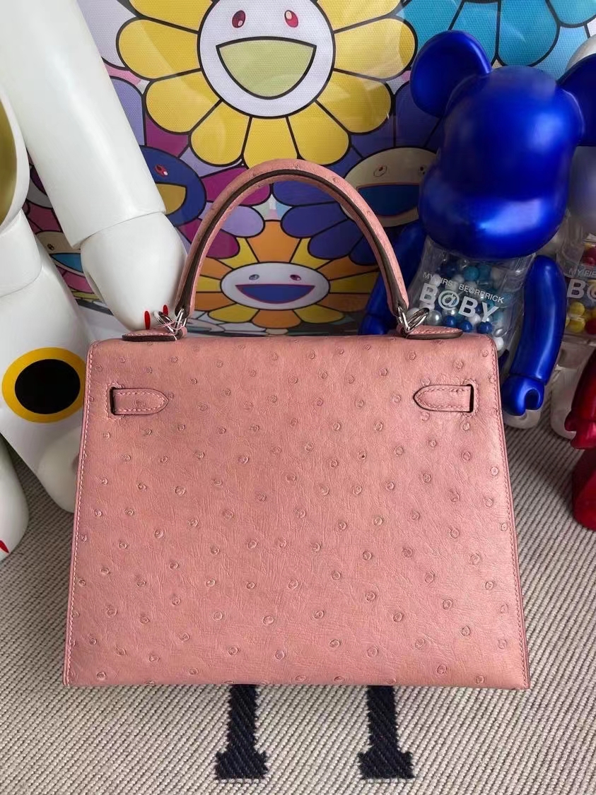 Hermès（爱马仕）Kelly 凯莉包 Ostrich kk鸵鸟 cc94 陶瓷粉 银扣 25cm 顶级手缝