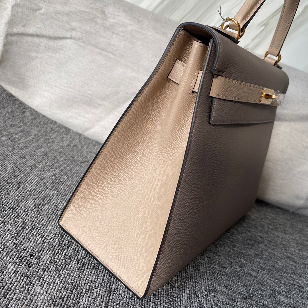 Hermès（爱马仕）Kelly 凯莉包 Epsom 原厂掌纹皮 M8 沥青灰 风衣灰 32cm 金扣 马蹄印 顶级手缝