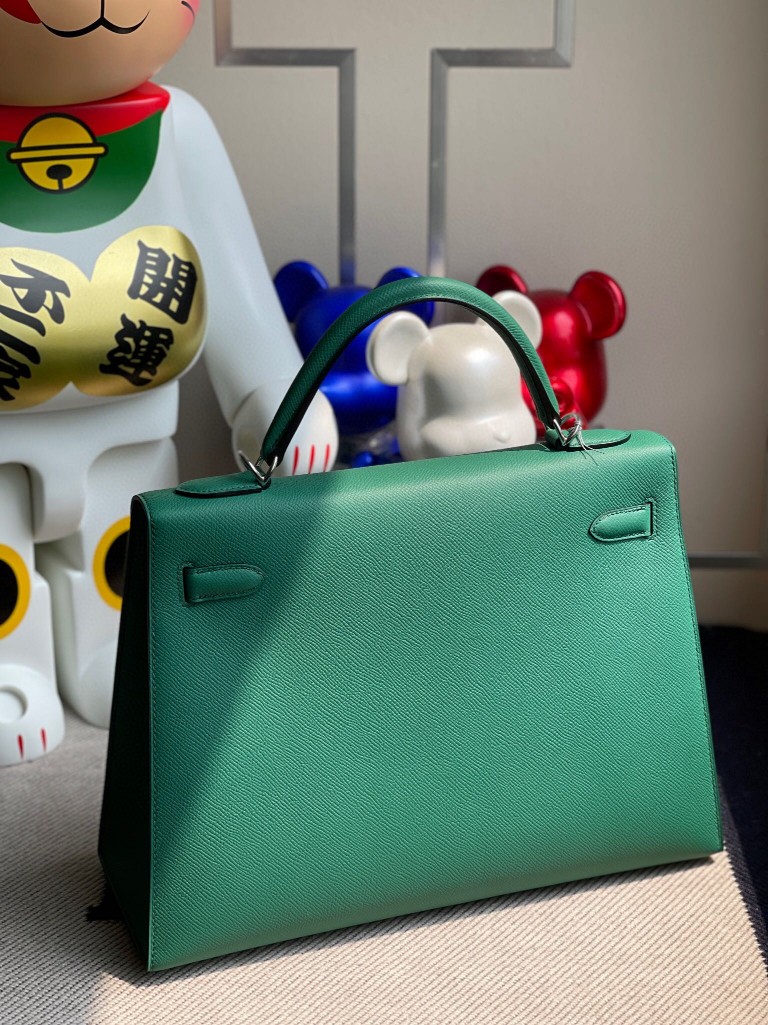 Hermès（爱马仕）Kelly 凯莉包 原厂小牛皮 U4 丝绒绿 银扣 32cm 现货