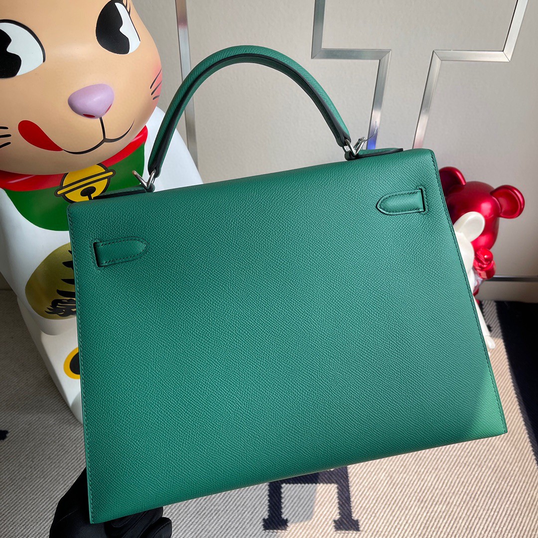 Hermès（爱马仕）Kelly 凯莉包 原厂小牛皮 U4 丝绒绿 银扣 32cm 现货