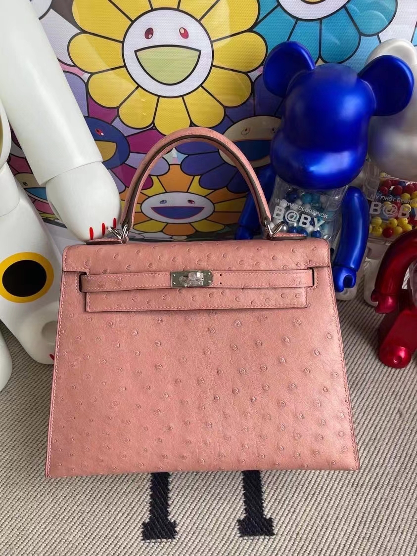 Hermès（爱马仕）Kelly 凯莉包 Ostrich kk鸵鸟 cc94 陶瓷粉 银扣 25cm 顶级手缝