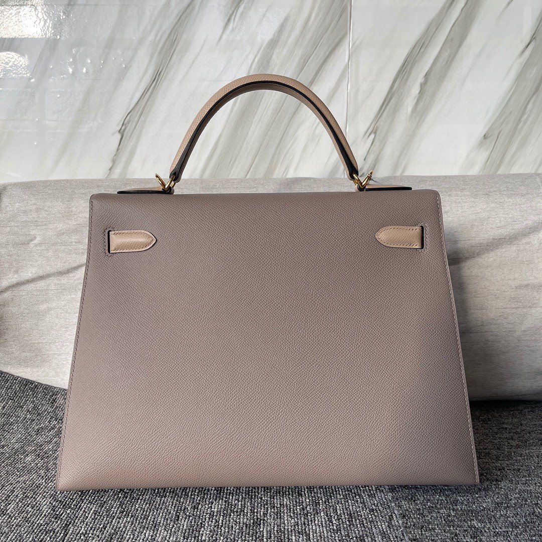 Hermès（爱马仕）Kelly 凯莉包 Epsom 原厂掌纹皮 M8 沥青灰 风衣灰 32cm 金扣 马蹄印 顶级手缝