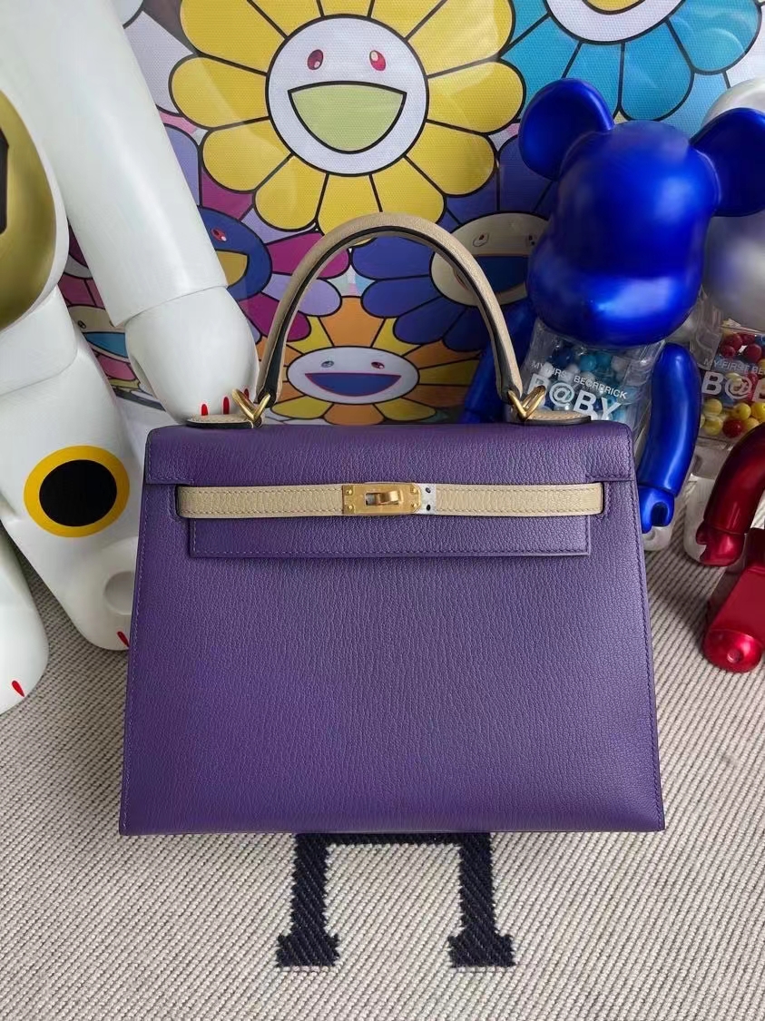 Hermès（爱马仕）Kelly Chevre 山羊皮 9w 梦幻紫 拼81 斑鸠灰 磨砂金扣 马蹄印 25cm