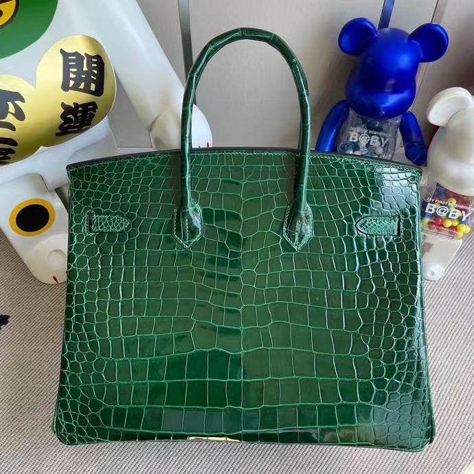 Hermès（爱马仕）Birkin 铂金包 Porosus shiny 亮面澳洲湾鳄 ck67 祖母绿 金扣 35cm 顶级手缝 定制