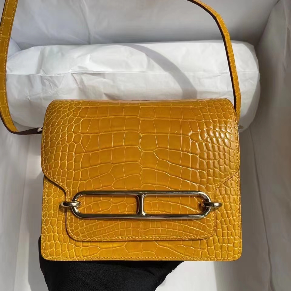 Hermès（爱马仕）Roulis 猪鼻子 Alligator shiny 亮面鳄鱼9D琥珀黄 Ambre 金扣 18cm 顶级手缝 定制