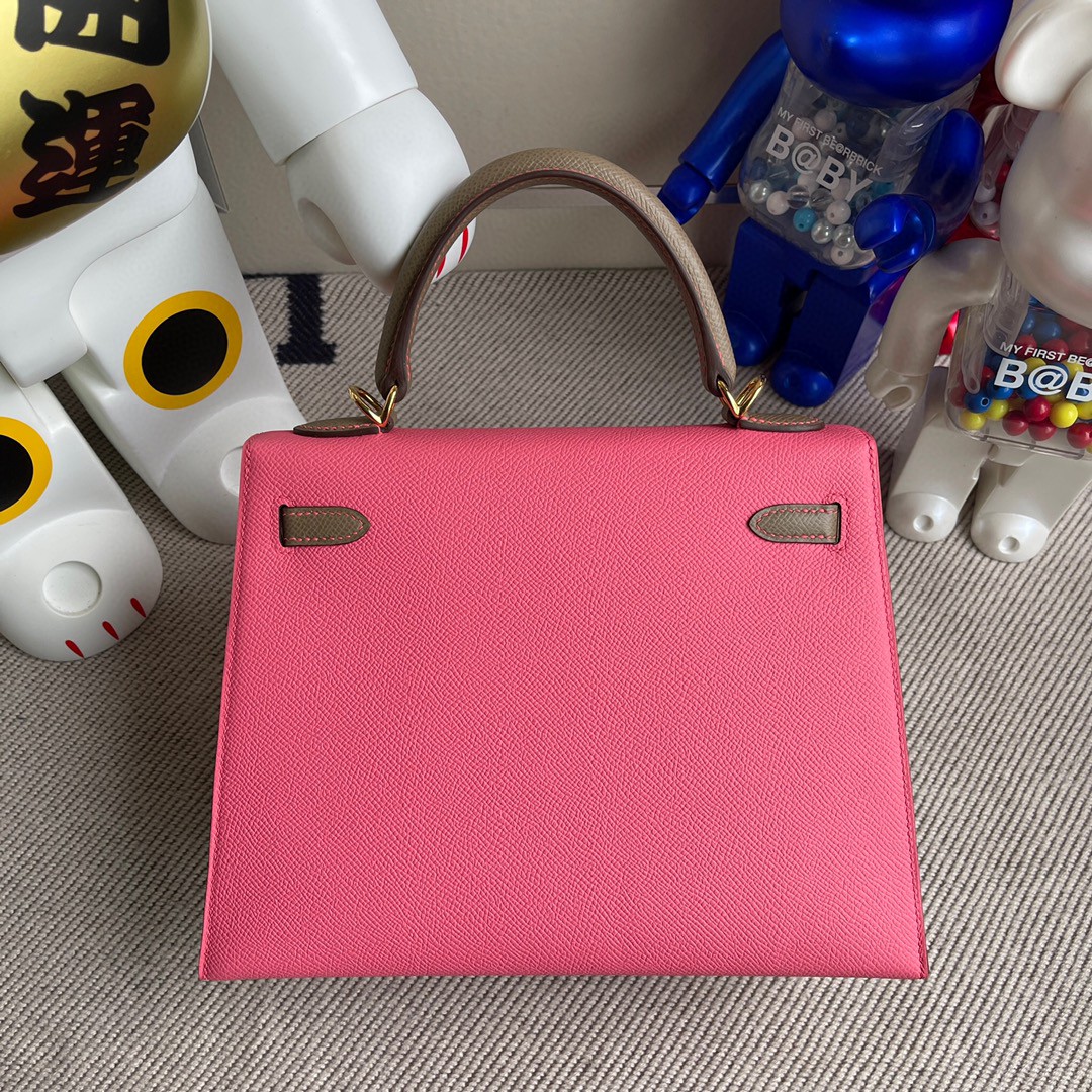 Hermès（爱马仕）Kelly 凯莉包 Epsom 原厂掌纹皮 8w 唇膏粉 拼 ck18大象灰 金扣 25cm 马蹄印 顶级手缝