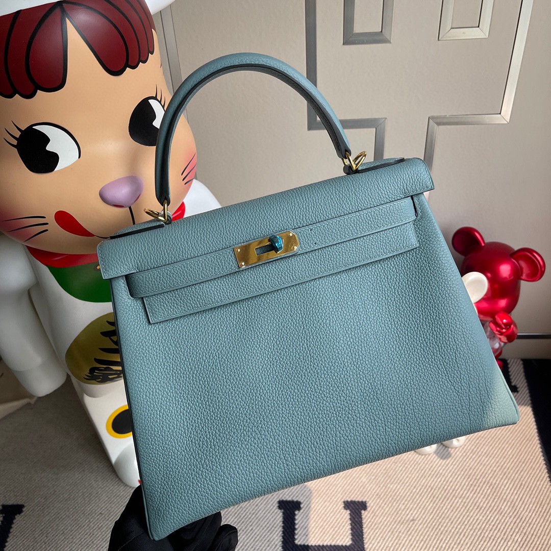 Hermès（爱马仕）Kelly 凯莉包 原厂小牛皮 7G 天青色 金扣 28cm 顶级手缝 现货