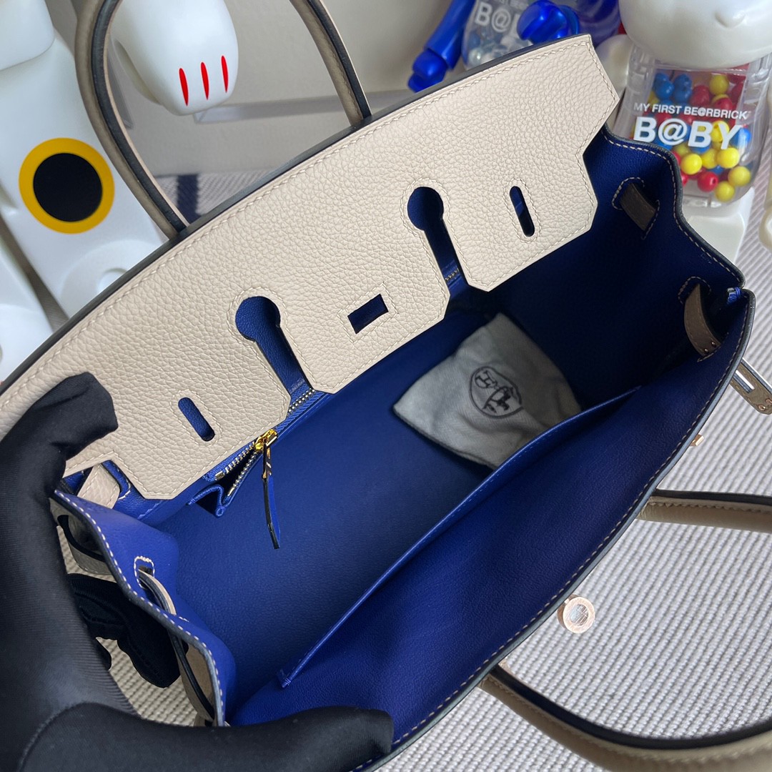 Hermès（爱马仕）Birkin 铂金包 原厂小牛皮 togo ck81 斑鸠灰 内拼 电光蓝 玫瑰金扣 25cm 顶级手缝