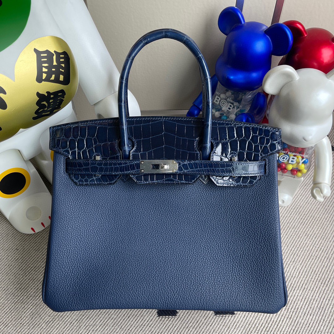 Hermès（爱马仕）Birkin 铂金包 Touch 系列 宝石蓝 拼鳄鱼皮 银扣 30cm 顶级手缝 定制