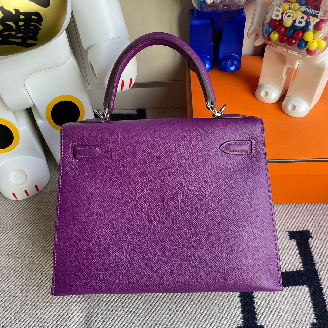Hermès(爱马仕)Kelly 凯莉包 原厂掌纹皮 Epsom p9 海葵紫 Anemone 银扣 25cm 顶级手缝 现货-拉尔森鳄鱼皮具定制 - 爱马仕包包官网 Hermès(爱马仕)Kelly 凯莉包 原厂掌纹皮 Epsom p9 海葵紫 Anemone 银扣 25cm 顶级手缝 现货