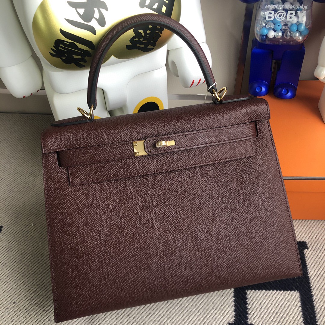 Hermès（爱马仕）Kelly 凯莉包 原厂掌纹皮 Epsom ck57 波尔多酒红 金扣 28cm 顶级手缝 现货