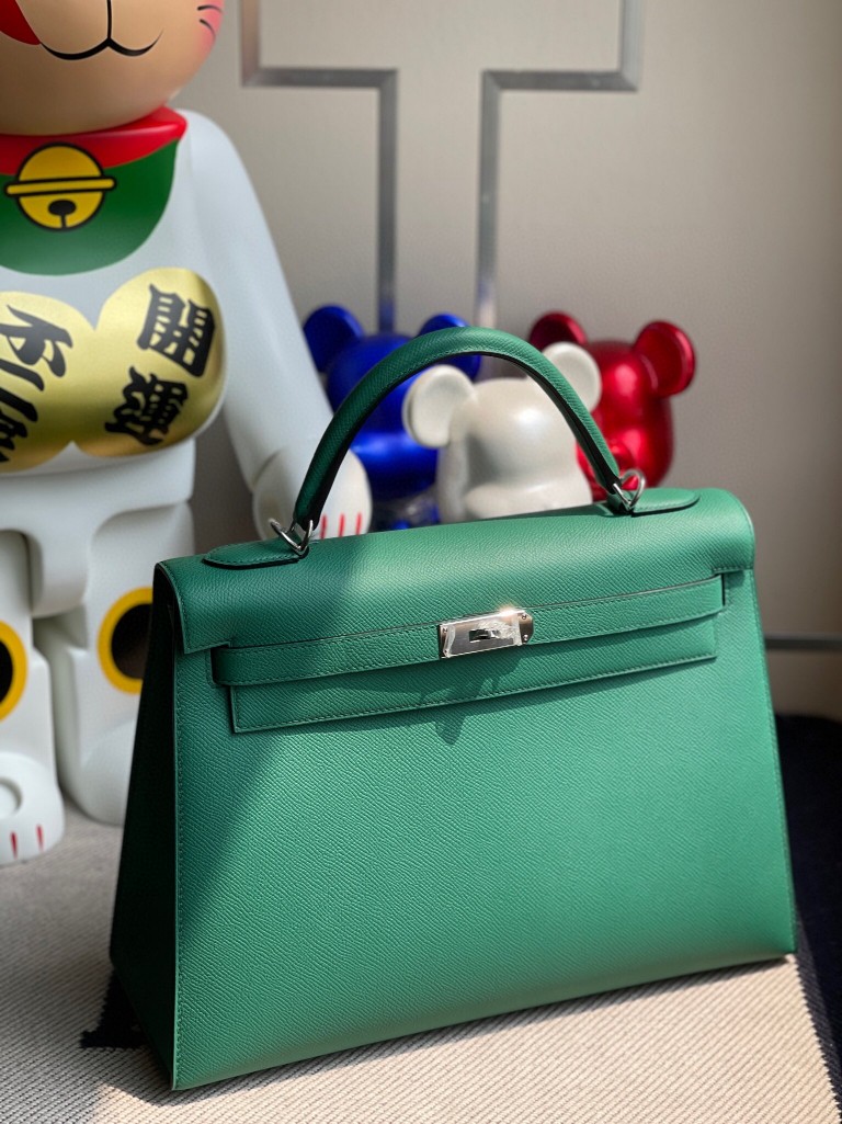 Hermès（爱马仕）Kelly 凯莉包 原厂小牛皮 U4 丝绒绿 银扣 32cm 现货