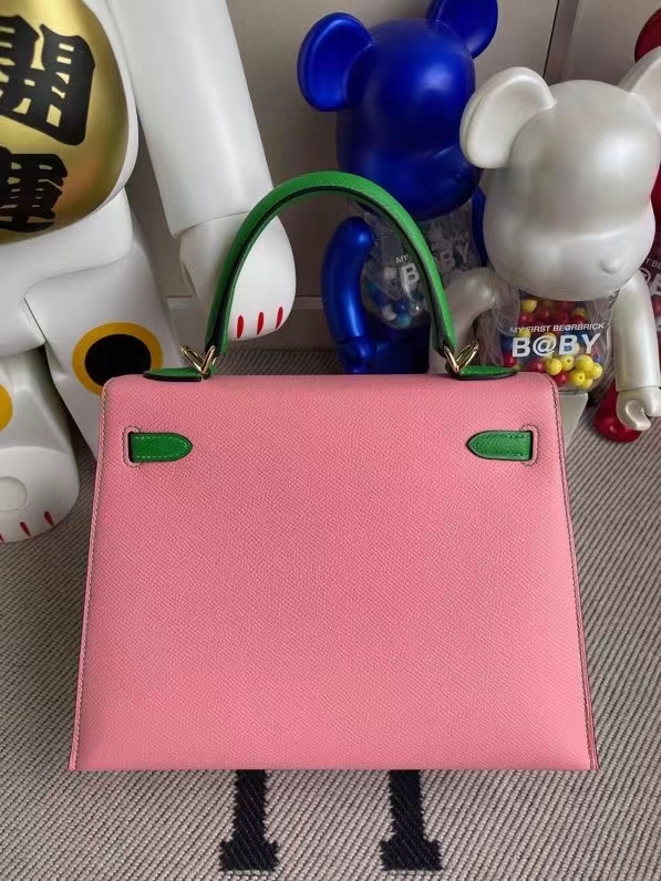 Hermès（爱马仕）Kelly 凯莉包 Epsom 原厂掌纹皮 1Q 奶昔粉 拼1k 竹子绿 金扣 25cm 顶级手缝
