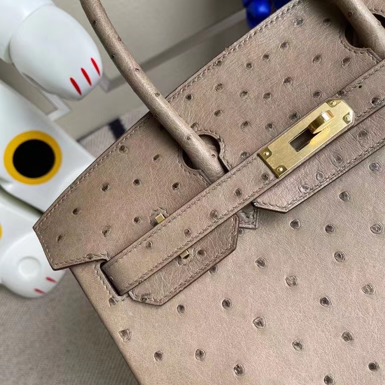 Hermès（爱马仕）Birkin 铂金包 Ostrich kk鸵鸟 ck18 大象灰Etoupe 金扣 顶级手缝 30cm
