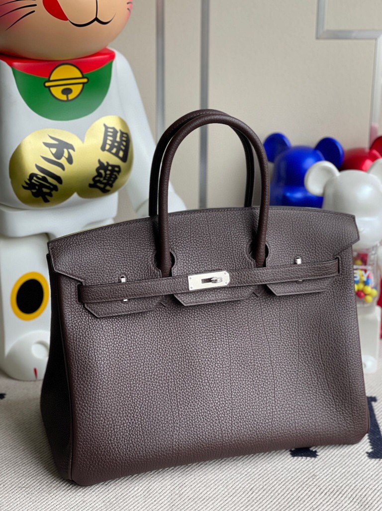 Hermès（爱马仕）Birkin 铂金包 原厂小牛皮 乌木色 银扣 35cm 顶级手缝 定制
