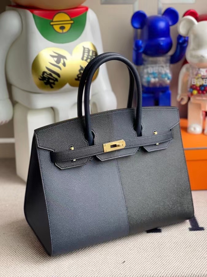 Hermès（爱马仕）Birkin 铂金包 Epsom 外缝 午夜蓝拼黑色内拼坦桑尼亚蓝 金扣 30cm 定制